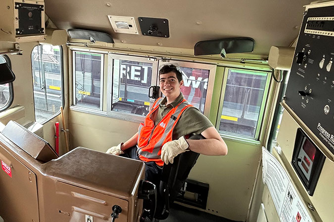Alex Walker gets the chance to sit in a locomotive cab. Alex Walker gets the chance to sit in a locomotive cab.