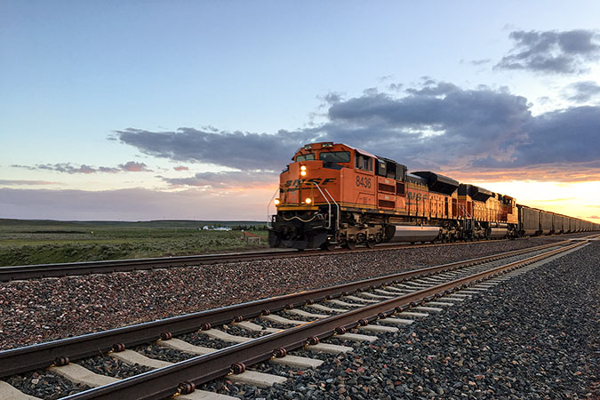 A BNSF train on a cleared track
